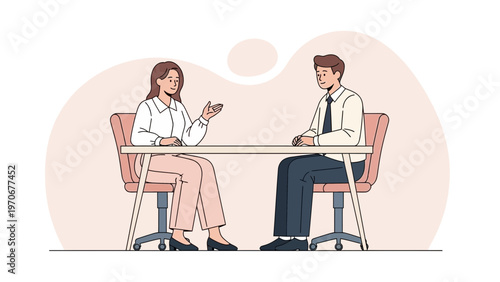 Business meeting: woman interviewer questioning man candidate at desk, interview concept