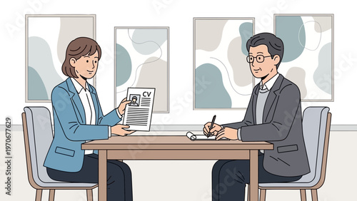 Job Interview: Woman Presents CV to Male Interviewer in Office Setting
