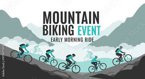 Mountain Biking Event Illustration Featuring Early Morning Cyclists and Majestic Mountains