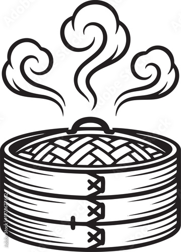 Steaming bamboo dim sum basket, traditional Asian cuisine steamer, hot food vector illustration, authentic Chinese culinary icon for restaurant menus and packaging.