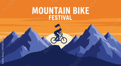 Mountain Bike Festival Poster Featuring Silhouette Cyclist Riding Amidst Mountain Peaks Scene