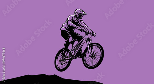 Mountain Biker in Mid-Air Silhouette Illustration, Purple Background, Adventure Time