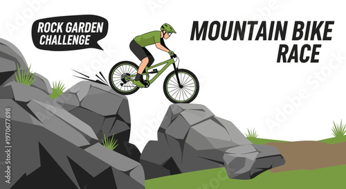 Mountain Biker Mastering a Rock Garden Challenge During Intense Bicycle Race Event
