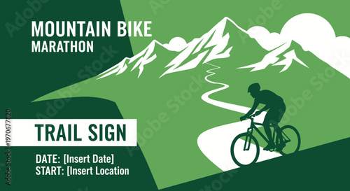 Mountain Bike Marathon Trail Sign Design Featuring Biker on Scenic Mountain Route
