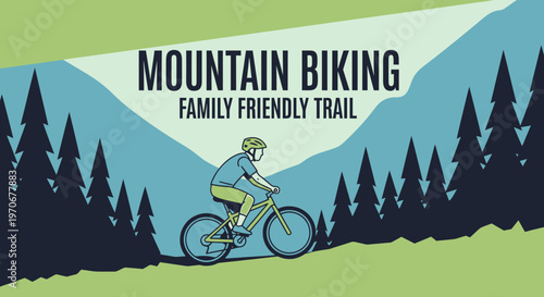 Mountain Biking Family Trail Illustration Featuring Cyclist And Scenery Design