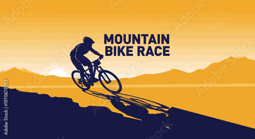 Mountain Biking Silhouette Against Golden Sunset With Race Typography Design