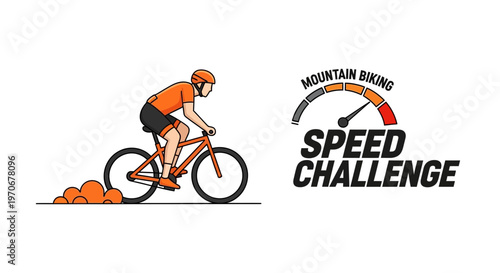 Mountain Biking Speed Challenge: Energetic Cyclist and Performance Gauge Illustrative Design