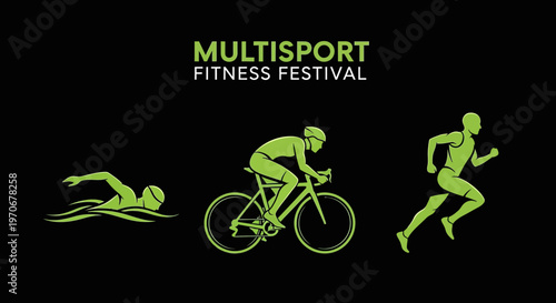 Multisport Fitness Festival Athlete Icons Swimming Cycling Running Event