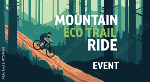 Mountain Eco Trail Ride Event Graphic Illustration With Cyclist Riding Downhill Scene