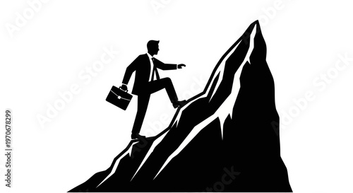 Silhouette of a businessman in a suit carrying a briefcase, confidently climbing a steep, jagged mountain peak, symbolizing ambition, challenge, and career success.