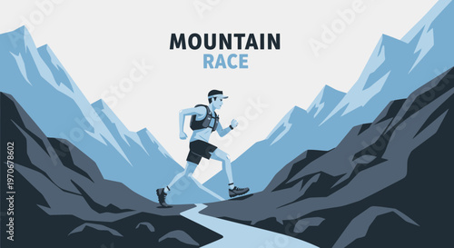 Mountain Race: Endurance Runner Ascending Rugged Peaks in Dynamic Illustrated Style