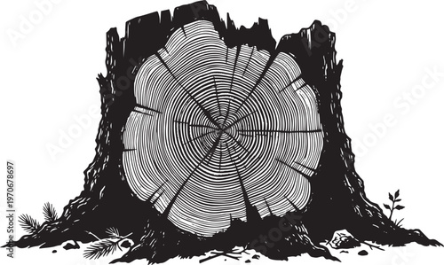 Rustic tree stump vector illustration, detailed wood texture with growth rings, natural forest element, vintage engraving style graphic resource for nature and outdoor designs