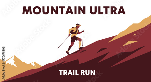 Mountain Trail Running Athlete Ascending a Hill in a Sportive and Energetic Mountain Ultra Race