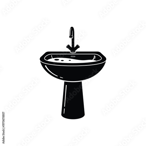 Sink and pedestal in black silhouette, bathroom fixture for hygiene and washing, clean simple design.