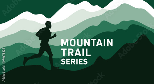 Mountain Trail Series: Energetic Silhouette Runner Amidst Serene Green Mountainscape Design