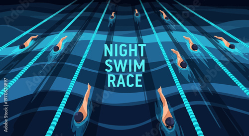 Night Swim Race Competition Under Dark Aquatic Atmosphere