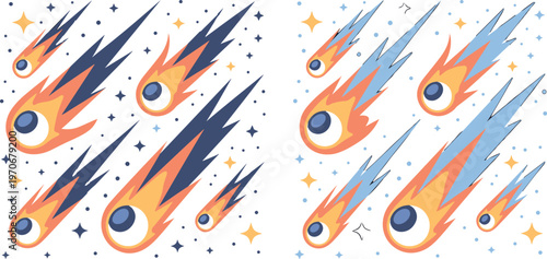 Colorful falling comets and meteorites with fire tails in starry space vector illustration set for cosmic galaxy background design