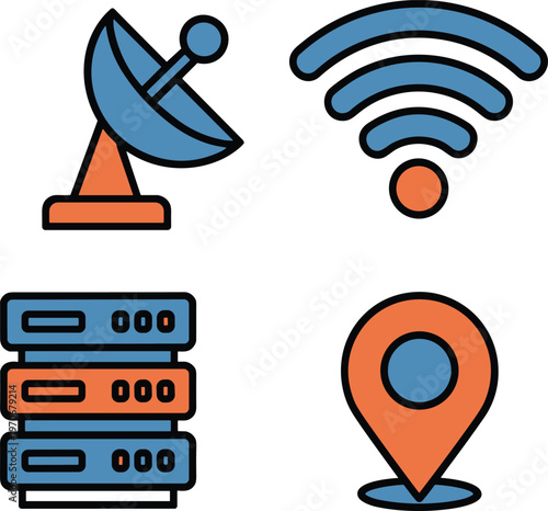 Modern technology network and communication vector icon set featuring satellite dish wifi signal data server and location pin pointer symbol