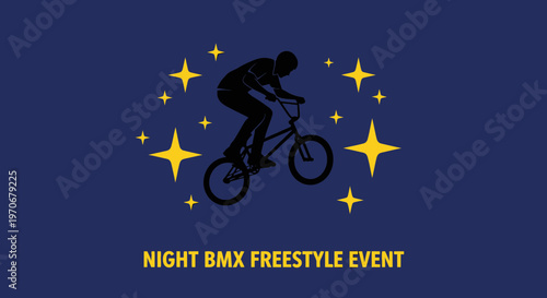 Night Bmx Freestyle Event With Starry Sky Background And Athlete Silhouette