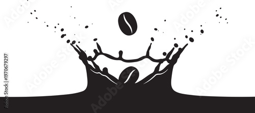 Dynamic coffee splash vector illustration, two coffee beans falling into dark liquid, energetic beverage concept for branding and packaging, black and white graphic design element.