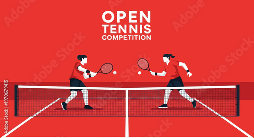 Open Tennis Competition: Dynamic Illustration Depicting Two Players Engaging In Lively Match