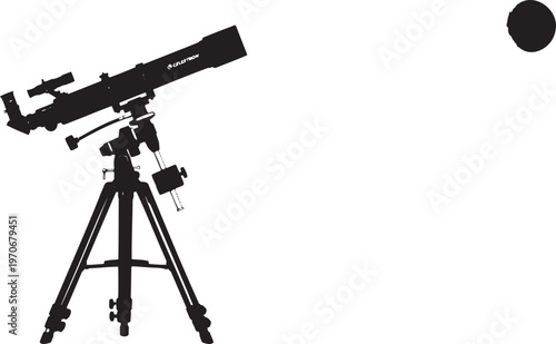 Astronomical telescope vector illustration, black silhouette of a scientific instrument for celestial observation, stargazing equipment for astronomy education and exploration.