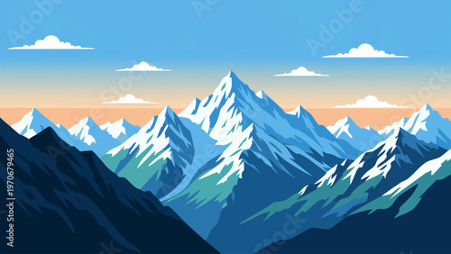 A stylized illustration of snow capped mountains against a gradient sky