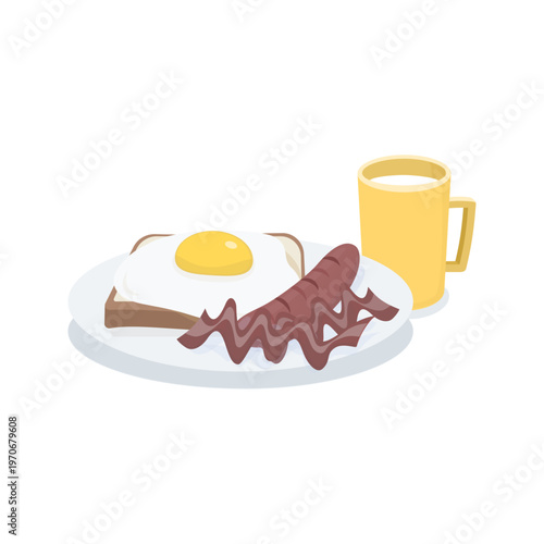 Fried Egg Toast Sausage Breakfast Plate with Drink Illustration