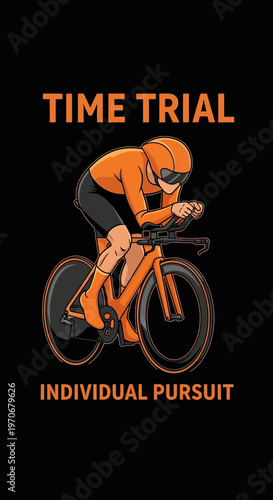 Orange Cyclist in Aerodynamic Position on Bicycle Illustrates Time Trial and Individual Pursuit