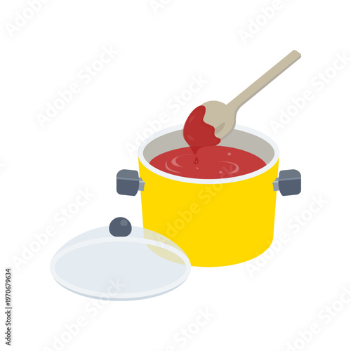 Tomato Sauce Cooking Pot Kitchen Scene Illustration