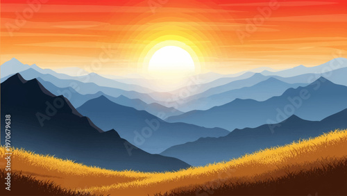 A vibrant sunset illuminates rolling hills and distant mountain peaks