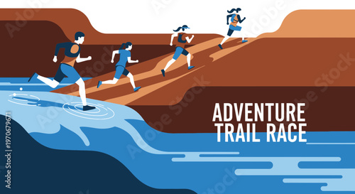 Outdoor Adventure Trail Race Depicting Runners Navigating Water and Elevated Terrain