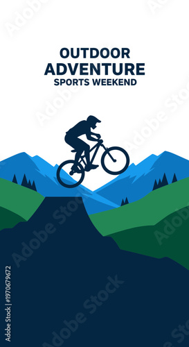 Outdoor Adventure Sports Weekend Cycling Silhouette Against Mountains and Lush Terrain