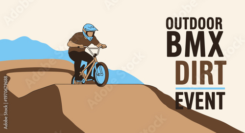 Outdoor Bmx Dirt Event Rider On Ramp With Blue Sky Background And Mountains