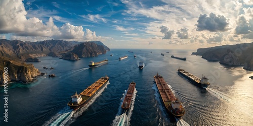 Aerial View of Oil Tankers and Cargo Ships Transiting the Strait of Hormuz at Sunset