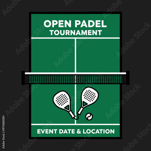 Open Padel Tournament Announcement: Iconic Court Design With Rackets And Ball On Green Field