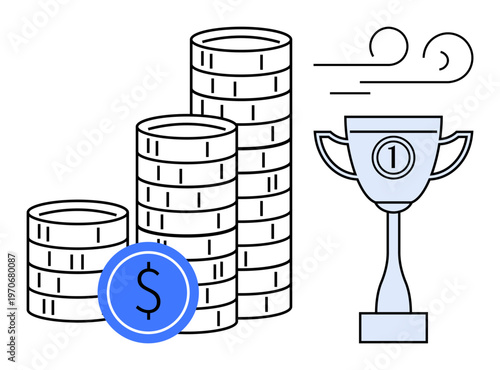 Financial success concept. Stacks of coins, dollar symbol, and a trophy achievement in wealth and business growth. Financial prosperity and achieving goals for business, career growth, and budgeting