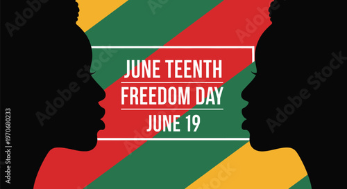 A vibrant Juneteenth Freedom Day illustration featuring silhouettes of Black individuals against a background of Pan-African colors, celebrating June 19th.