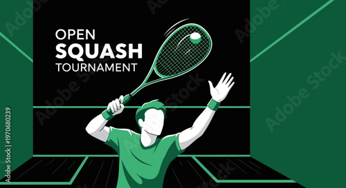 Open Squash Tournament Illustration Featuring a Player with Racquet and Ball in Motion