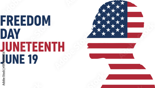 Juneteenth Freedom Day June 19th celebration vector illustration featuring an American flag patterned silhouette of a person's head on a clean white background.