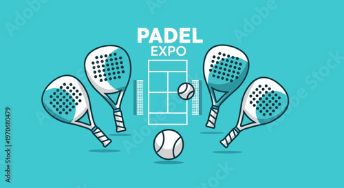 Padel Expo Event Promotional Graphic With Racquets And Balls