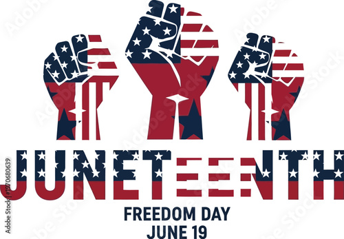 Juneteenth Freedom Day vector illustration featuring three powerful raised fists adorned with American flag stars and stripes, celebrating emancipation and historical significance.