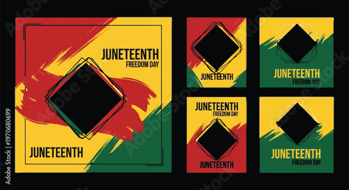 Vibrant Juneteenth Freedom Day vector illustrations featuring abstract red, yellow, and green brush strokes with bold black diamond shapes, perfect for social media.