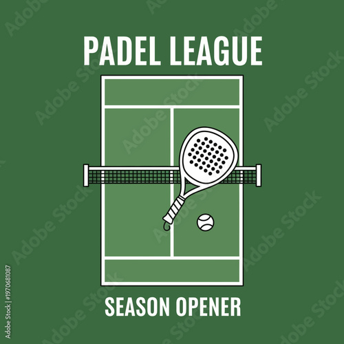 Padel League Season Opener: Minimalist Court Design Featuring Racket and Ball on Green Backdrop