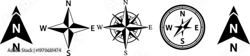 Compass symbols silhouette vector illustration set, five black icons showing directional designs including compass roses and north arrow motifs
