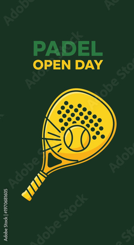Padel Open Day Graphic With Tennis Racket and Ball Illustration