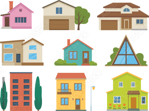 Flat, minimalist, vector, illustration, of, diverse, residential, houses, architecture, set, modern, suburban, urban, homes, buildings, collection, isolated, white, background, design