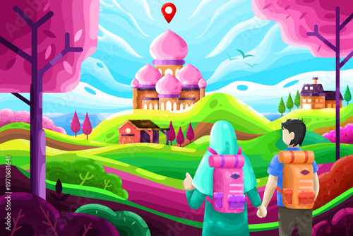 A married couple traveling on their way to a very beautiful mosque with a view of the countryside, mountains and sea in the month of Ramadan