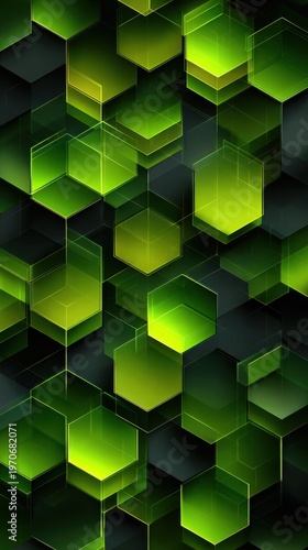Abstract Green Hexagonal Pattern with Glowing Elements and Depth