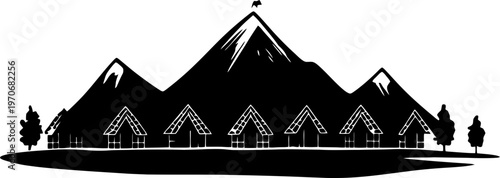 Rural Tribal Settlement Illustration with Grass Houses and Mountain Peaks